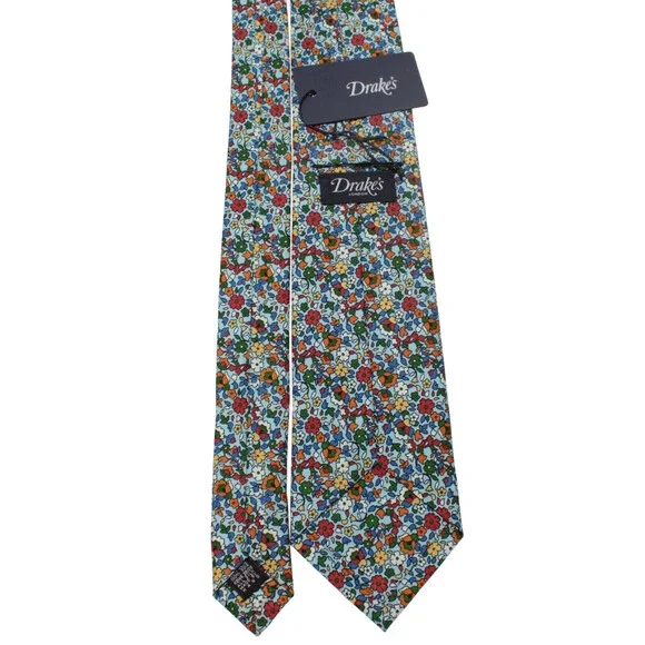 Drake's NWT Neck Tie in Blue / Multicolor Mini Floral Print 100% Silk